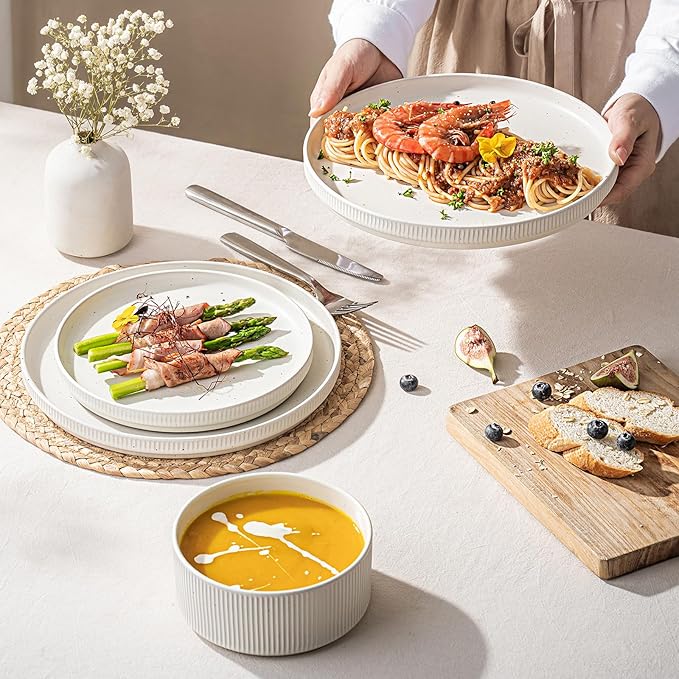 Ceramic Dinnerware Sets for 4-12 Piese Plates and Bowls Set Microwave and Dishwasher Safe Stoneware Ribbed Dishes and 22oz bowls Speckled White