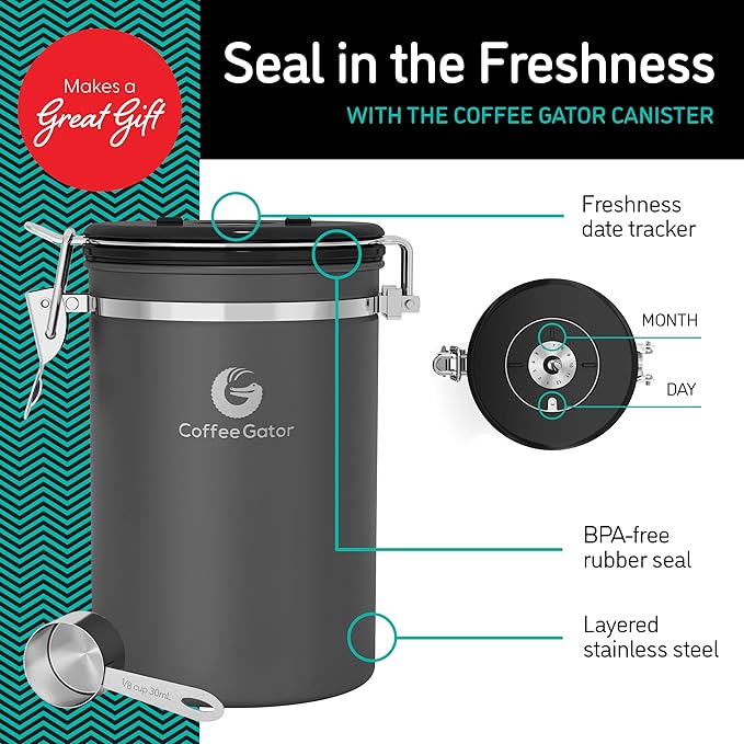Coffee Gator French Press Coffee Maker 34oz Silver and Coffee Canister - 22oz Airtight Stainless Steel Kitchen Food