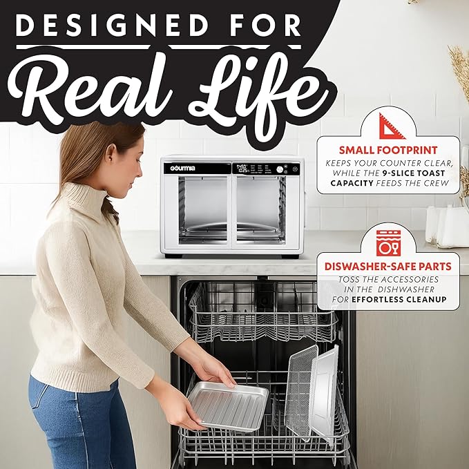 Gourmia French Door Air Fryer Oven - 37 Qt Large Capacity Convection Toaster Oven FryForce 360° Digital Display 12 Cooking Presets Dehydrate Fits 13” Pizza Dishwasher-Safe White