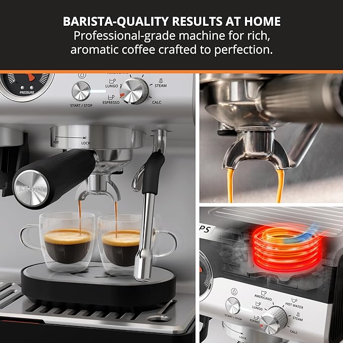 KRUPS Precision Espresso Coffee Machine with Grinder Latte &amp Cappuccino Maker Pump Pressure + Milk Frother Steam Wand Adjustable Grind Settings for Barista-Quality Results Stainless Steel &amp