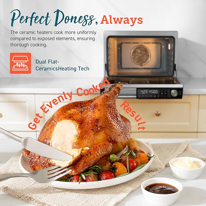 COSORI 11-in-1 Ceramic Air Fryer Toaster Oven Combo Flat-Sealed Heating Elements for Easy Cleanup Innovative Burner Function 5 Accessories &amp Recipes 26QT Silver Stainless Steel