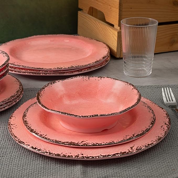 LEHAHA Melamine Dinnerware Sets Farmhouse Dinnerware Set Camping Dishes Set BPA free and Lightweight Durable Outdoor Plates and Bowls Set Service for 4 (12 piece) (Pink)