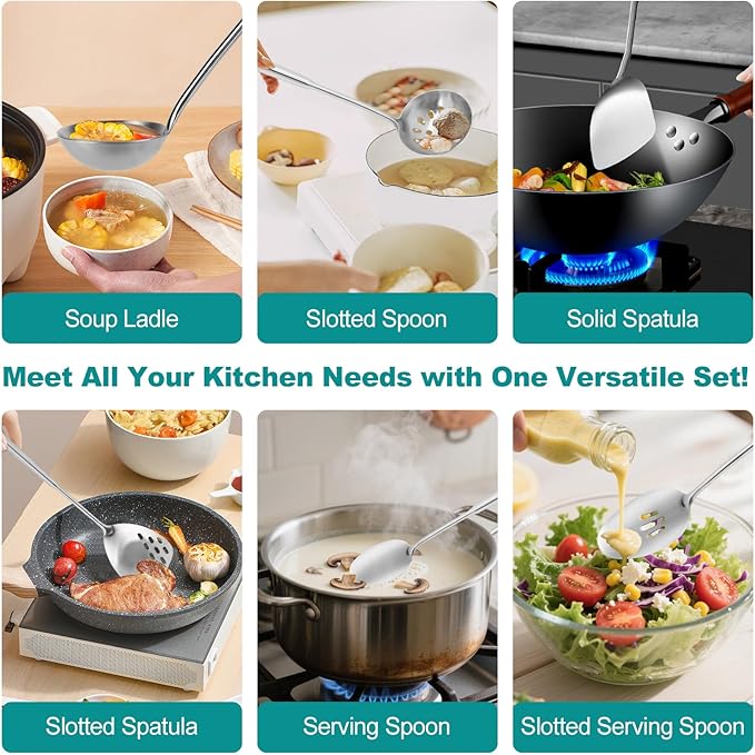 6Pcs Stainless Steel Kitchen Utensils Set – Cooking Utensils Set Stainless Steel Metal Cooking Utensils with Wok Spatula Serving SpoonsLadle Set– Durable Cooking Supplies for Home and Camping