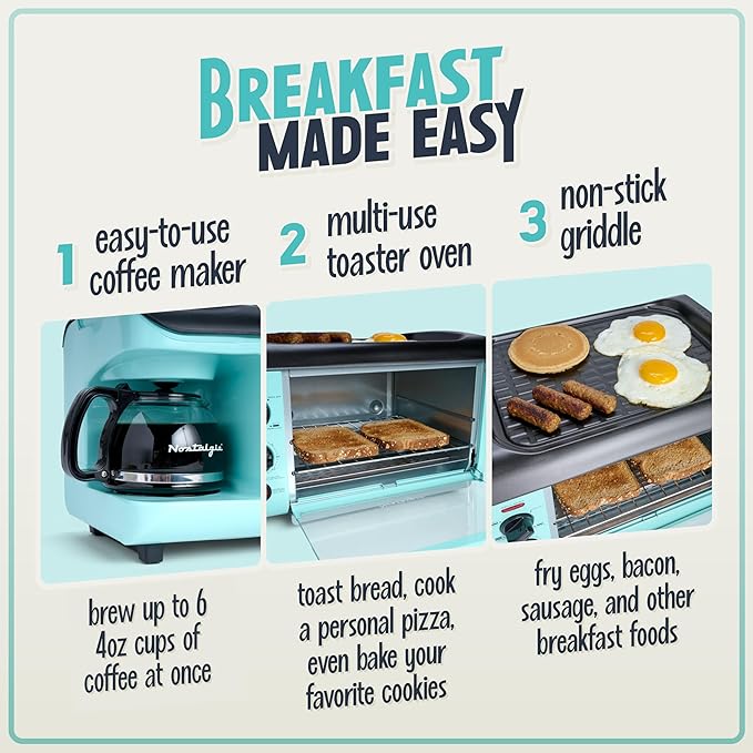 Nostalgia 3-in-1 Breakfast Station - Includes Coffee Maker Non-Stick Griddle and 4-Slice Toaster Oven - Versatile Breakfast Maker with Timer - Aqua