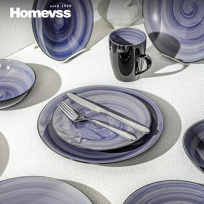 Sonoma Stoneware 16pc Dinnerware Set Outside Black + Inside Hand Painting Color Cobalt