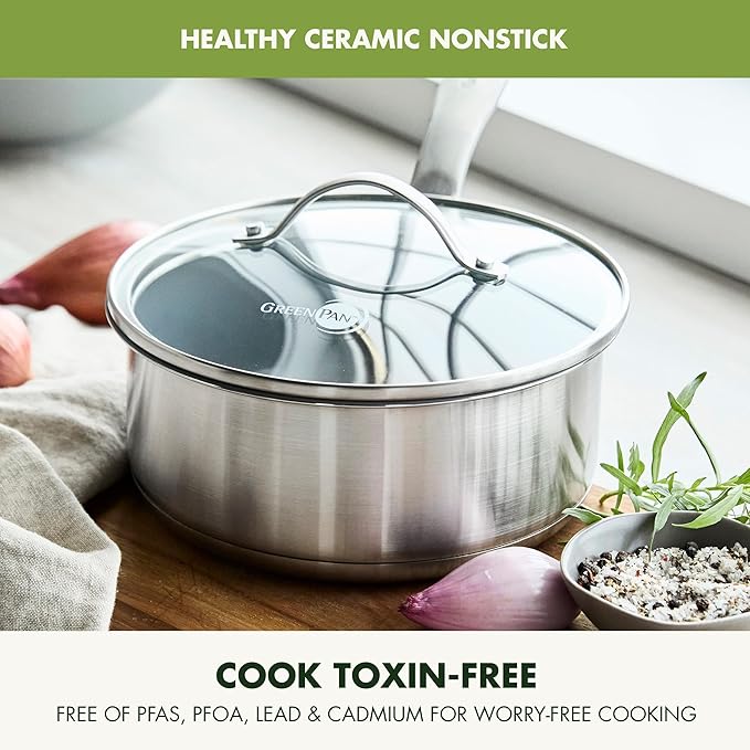 GreenPan Stainless Steel Treviso 2.1QT Saucepan with Lid Healthy Ceramic Nonstick PFOA-Free PFAS-Free Induction Dishwasher Safe Oven Safe Even Heating Silver