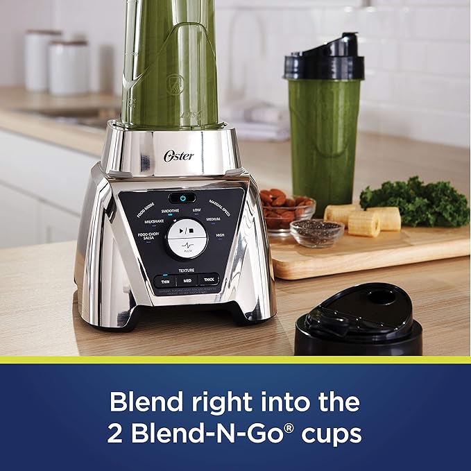 Oster Pro Smoothie Blender with Texture Select Countertop Blender with Tritan Jar &amp 2 To-Go Cups Brushed Nickel