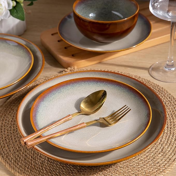 LERATIO Ceramic Dinnerware Sets for 8Stoneware Plates and Bowls SetsHandmade Reactive Glaze Dishes SetChip Resistant and Scratch Resistant | Oven&ampDishwasher &amp Microwave Safe-Kahki (28PCS)