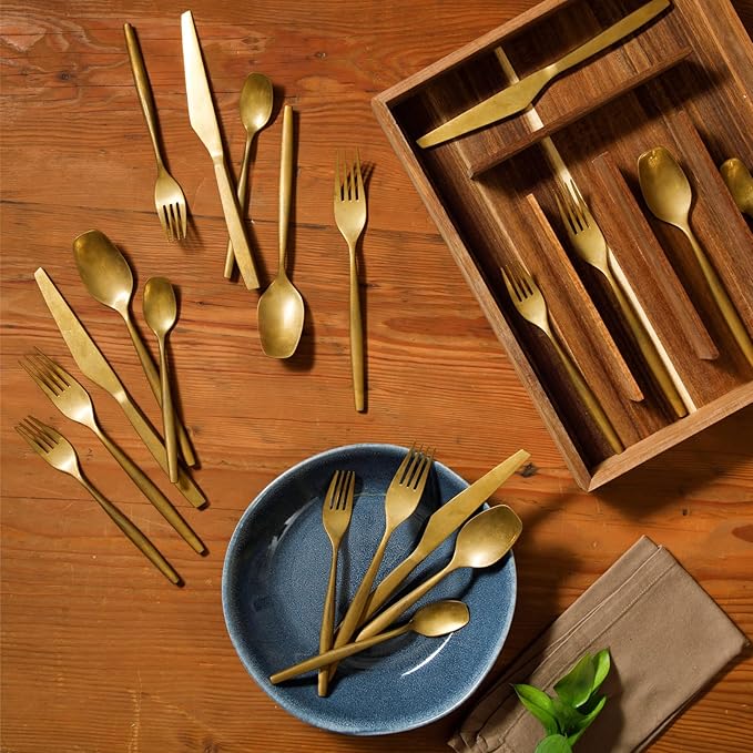 Bloomhouse - Two Time Oprah's Favorite Things Winner - 20 Piece Stone Washed Gold Flatware 18/10 Stainless Steel Silverware Cutlery Utensil Set With Acacia Wood Caddy - Service for 4