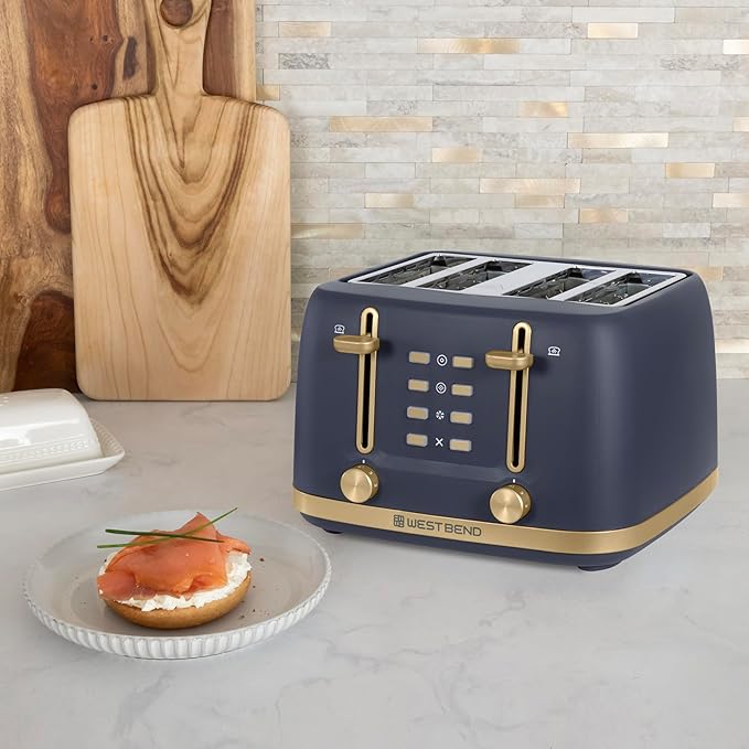 West Bend Timeless 4-Slice Toaster with 7 Browning Levels Bagel/Waffle/Defrost Settings High-Lift Lever Anti-Jam Easy-Clean Crumb Tray 4-Slice Blue/Gold