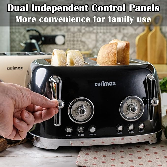 CUSIMAX Toaster 4 Slice Retro Toaster with Wide Slots for Bagels Stainless Steel with 6 Toast Settings Bagel Cancel Defrost &amp Reheat Functions Dual Independent Control Panels Black