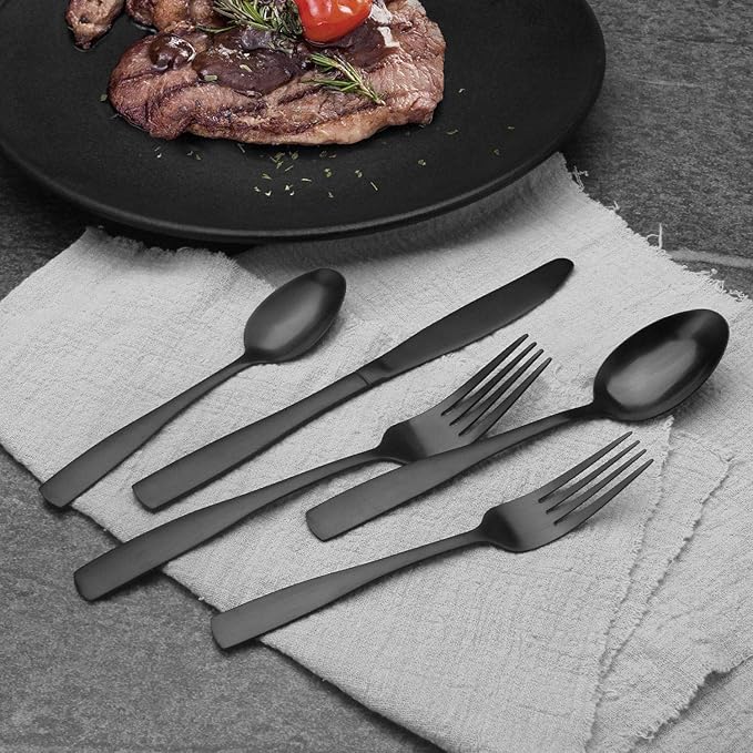 Vanys 20-Piece Silverware Set Satin Finish Flatware Cutlery Set Service for 4 Knives/Forks/Spoons Included Dishwasher Safe (Matte Black)