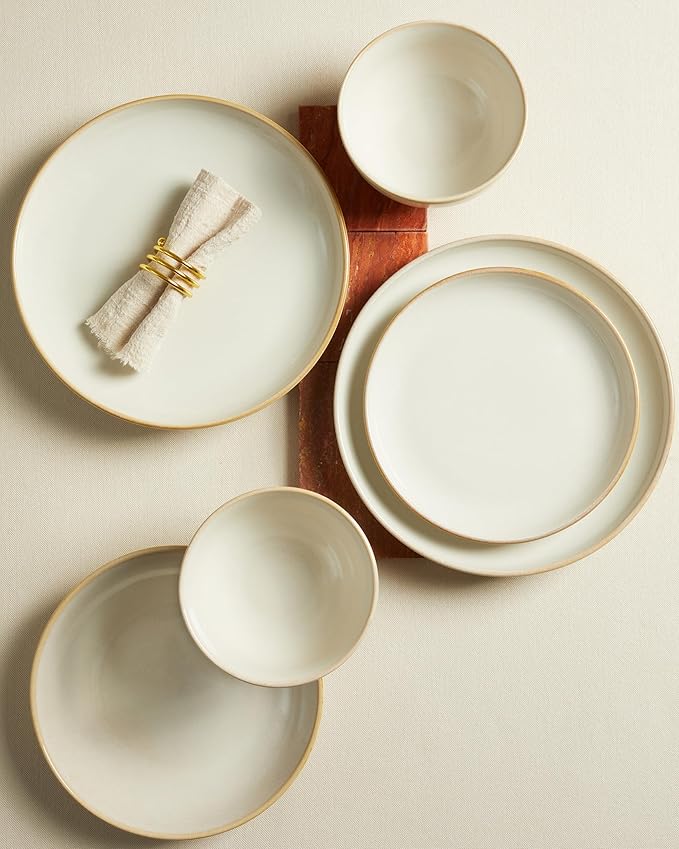 24 Piece Double Bowl Dinnerware Sets with Pasta Bowls Highly Chip and Crack Resistant Plates and Bowls Sets Natural Earthyware Ceramic Dishware Sets Service for 6 Yellow White