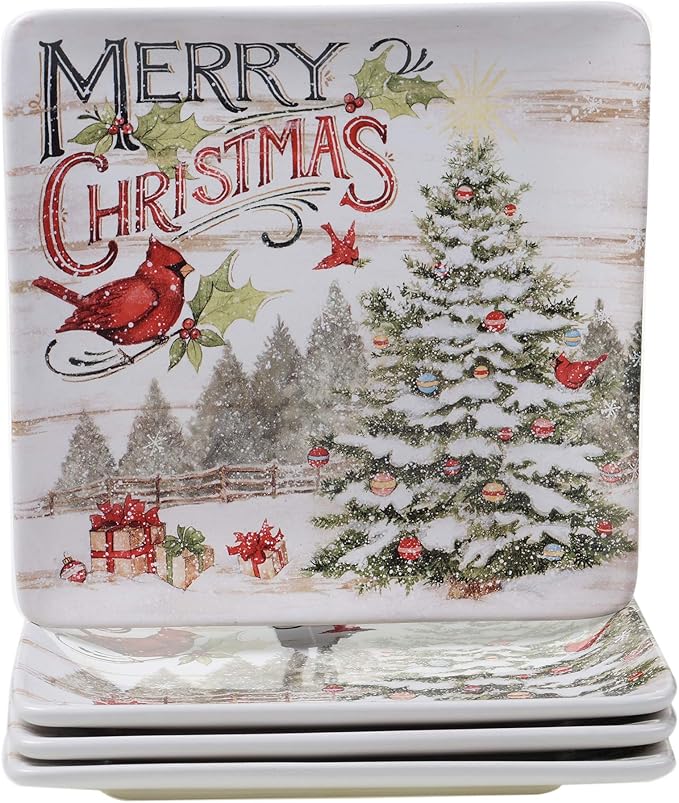 Evergreen Christmas 16-Piece Dinnerware Set – Ceramic Holiday Plates Bowls &amp Mugs with Cardinal &amp Script Design – Service for 4 – Festive Dining for Christmas Gatherings