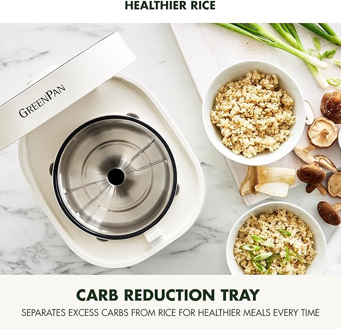 GreenPan Rice Cooker 8 Cups Cooked (4 Uncooked) Low-Carb &amp Soup Mode10 ONE-TOUCH Cooking Presets PFAS-Free Ceramic Steamer Basket Fuzzy Logic Auto Keep Warm Oats 24HR Delay Timer Cream