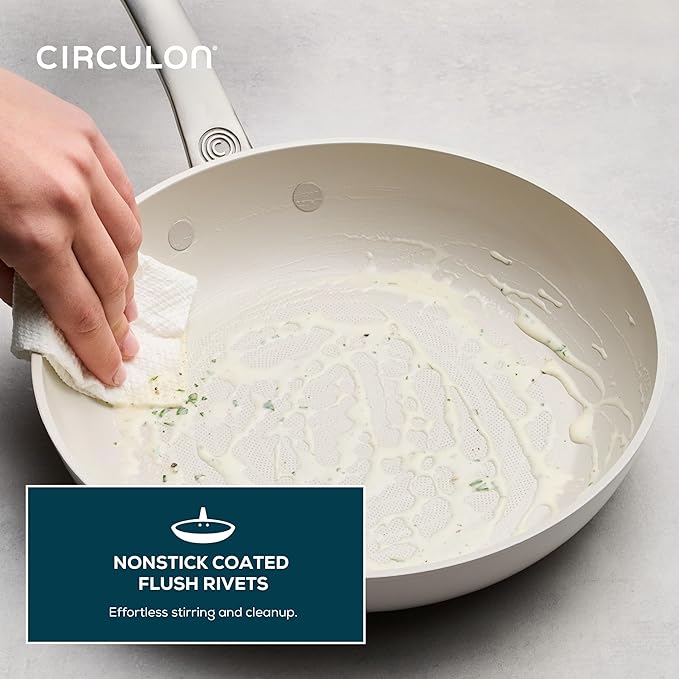 Circulon Halo with LaserDefense Ceramic Nonstick 2-Piece Skillet Set/Frying Pans Made without PFAS Compatible with All Stovetops Dishwasher and Oven Safe 8 Inch and 10 Inch Fry Pans - Pearl White