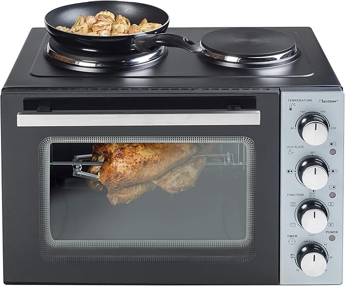 Bestron AOV31CP Small Kitchen Mini Oven with Double Hob Top/Bottom Heat with Convection Air up to 230 ° C 3200 Watt Black