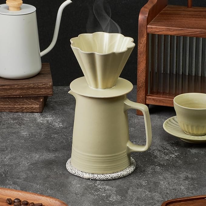 Pour Over Coffee Maker Ceramic Coffee Dripper with 40pcs V02 Paper Filter &amp Coaster 18.2oz/540ml Flower Shape Pour Over Coffee Filter set (Celadon Set)