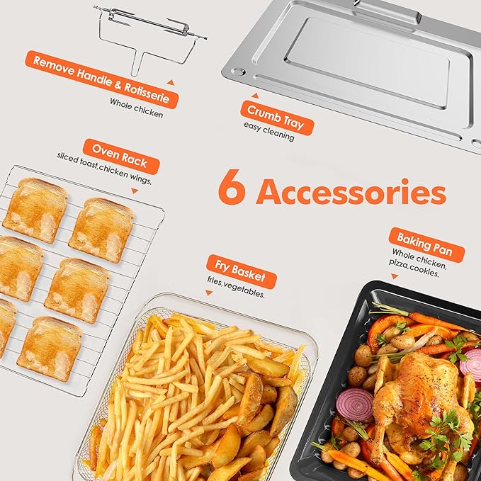 Kitchen in the box 32QT Extra Large Air Fryer Toaster Oven Combo 21-in-1 Countertop Convection Toaster Oven with Rotisserie and Dehydrate 6 Accessories 1800W Dual Cook Preset (Black)
