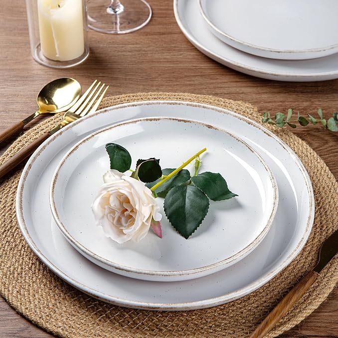 AmorArc Ceramic Dinnerware Sets for 4 12 Pieces Handpainted Plates and Bowls Set with Rustic Terracotta Underside Scratch Resistant Stoneware Dishes Set Dishwasher &amp Microwave Safe White