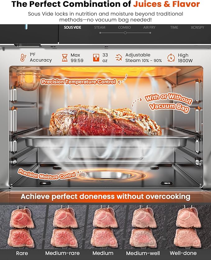 Nuwave Combi Steam Oven Non-Toxic Stainless Steel Multi-Cooker with Air Fry Sous Vide Toast &amp More 50-450°F Precision 120 Presets Moisture Control Programmable Easy to Clean 16 quarts