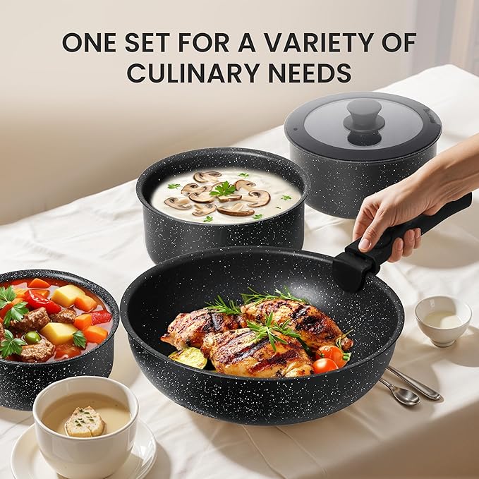HealSmart 12 Pcs Pots and Pans Set Non-Stick Cookware Set with Detachable Handles Black Granite Texture Resistant to High Temperatures Oven Safe PFAS and PFOA Free