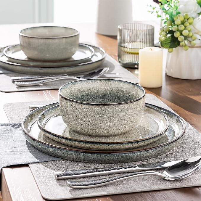 GBHOME 24 Pieces Double Bowls Ceramic Dinnerware Sets for 6 Stoneware Plates and Bowls Set with Reactive Glaze Scratch Resistant Stoneware Dishes Set Dishwasher &amp Microwave Safe