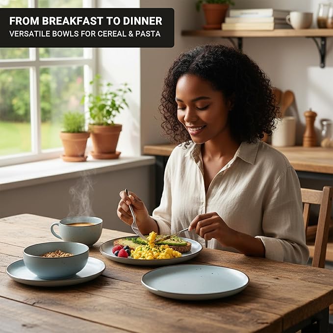 Dinner Set 16 PCS – Premium Ceramic Tableware in Blue – Includes 4 Dinner Plates 4 Side Plates 4 Rice Bowls &amp 4 Soup Bowls – Durable Stylish &amp Microwave Safe