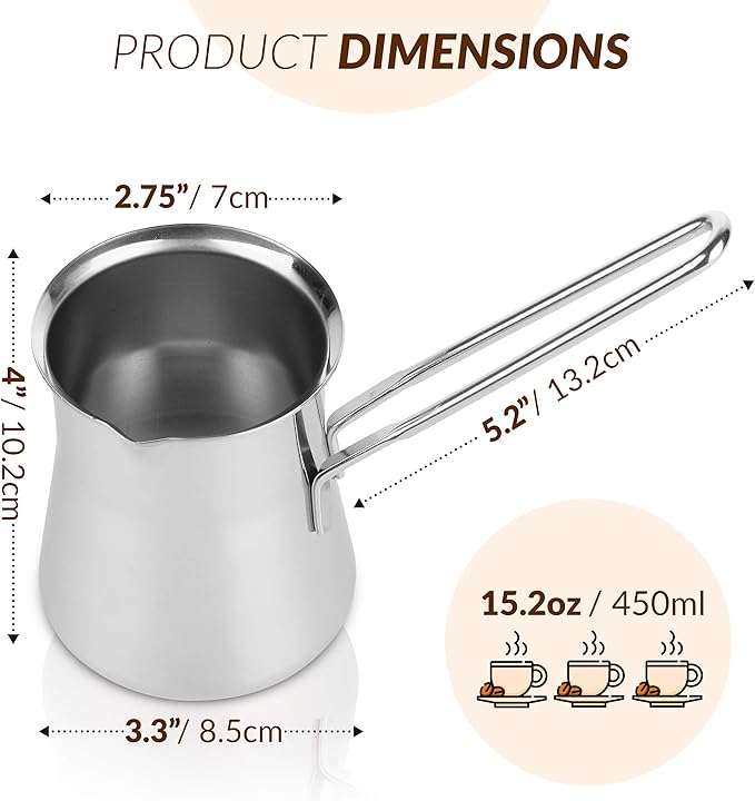 Quality Turkish Coffee Pot - Turkish Coffee Maker Chai Pot Arabic Coffee Pot Briki Greek Coffee Pot Greek Briki Cezve Ibrik (15oz)