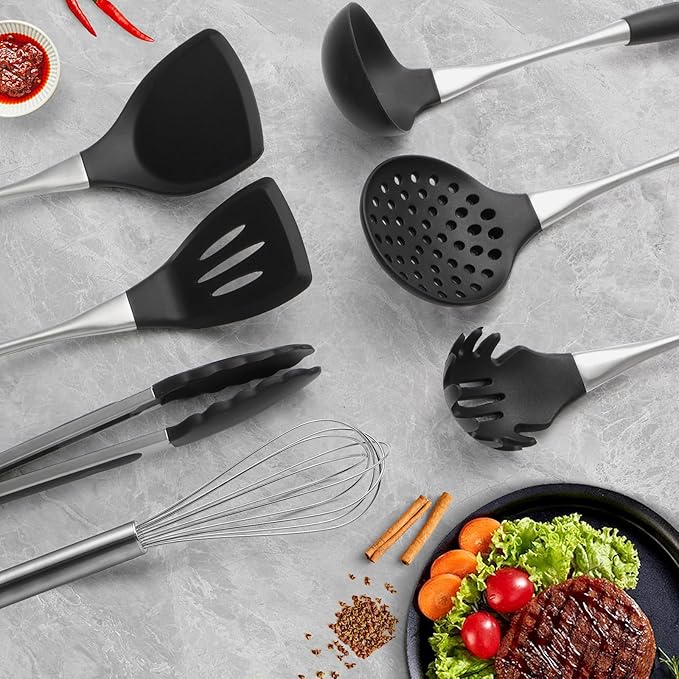 Premium Black Silicone Cooking Utensils Set - Non-Toxic Heat Resistant&amp Non-Stick Kitchen Utensils Set with Spatula Spoon Whisk Tongs BPA Free Dishwasher Safe Black