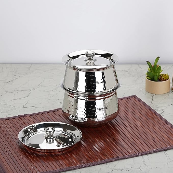 Sumeet Stainless Steel Handcrafted Hammered Texture Handi Set with Lid for Kitchen Set of 2 1300ml &amp 1700ml Silver