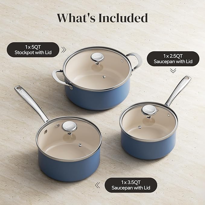 Redchef Non-stick Stock Pots Set 5QT Sauce Pan with Lids(2.5QT 3.5QT) Multifunctiona Kitchen Cookware Sets Non Toxic with Stay Cool Handle PTFE &amp PFAS &amp PFOA Free Dishwasher/Oven Safe (Bl