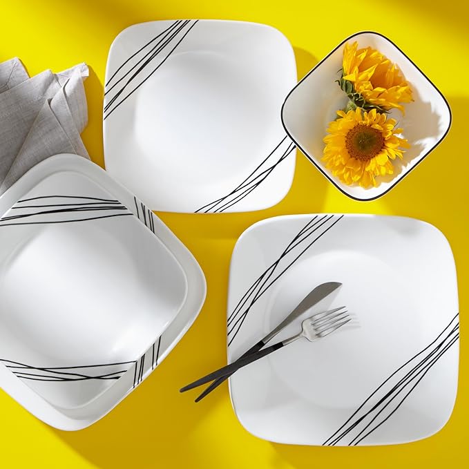 Corelle Vitrelle 18-Piece Service for 6 Dinnerware Set Triple Layer Glass and Chip Resistant Lightweight Square Plates and Bowls Set Simple Sketch