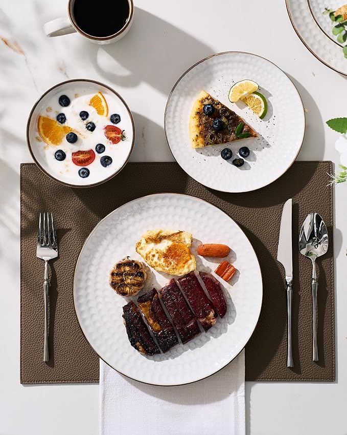 Famiware Eden Plates and Bowls Sets Stoneware Dinnerware Sets with Gold Trim 12 Pieces Dishes Set for 4 - Chip and Scratch Resistant Microwave and Dishwasher Safe White Circle