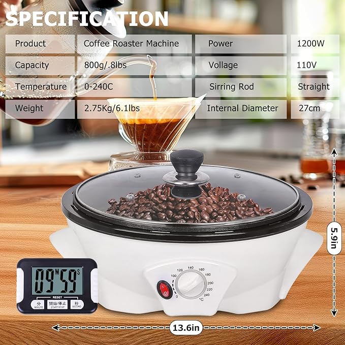 JIAWANSHUN Coffee Roaster Upgraded Electric Coffee Bean Roaster 1.1lb Coffee Roaster for Home Use0-240℃ Temperature Adjust&ampTimer 110-120V