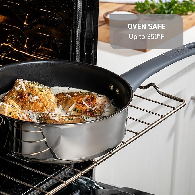 T-fal Essentials Stainless Steel Saute Pan w/Non Stick Coating &amp Glass Lid 3.5 Quart All Cooktops Including Induction Oven Safe 350F Heat Indicator Measuring Marks Dishwasher Safe Silver/Bl