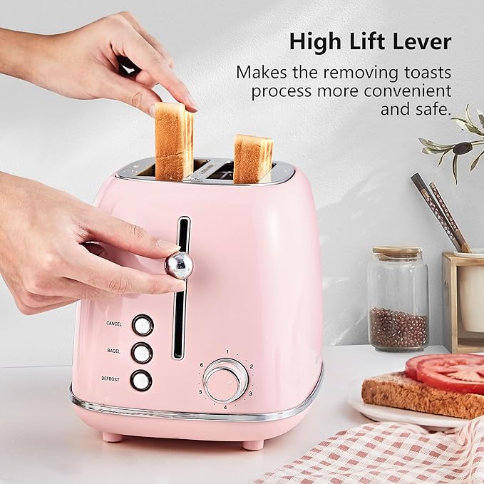 Roter Mond 2 Slice Toaster Retro Stainless Steel with Bagel Cancel and Defrost Functions 6 Bread Shade Settings Extra Wide Slots and Removable Crumb Tray Pink