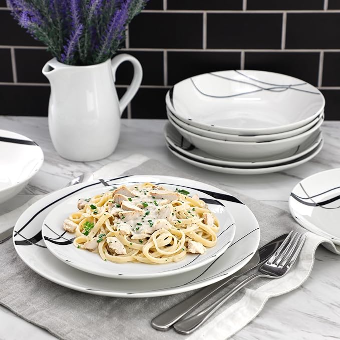 Elama Sarah 18 Piece Porcelain Ribbon Lined Dinnerware Set Service for 6 in White and Black