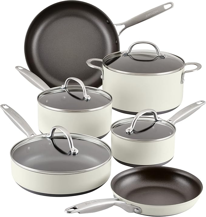 Anolon Achieve Hard Anodized Nonstick Cookware/Pots and Pans Set 10 Piece - Cream