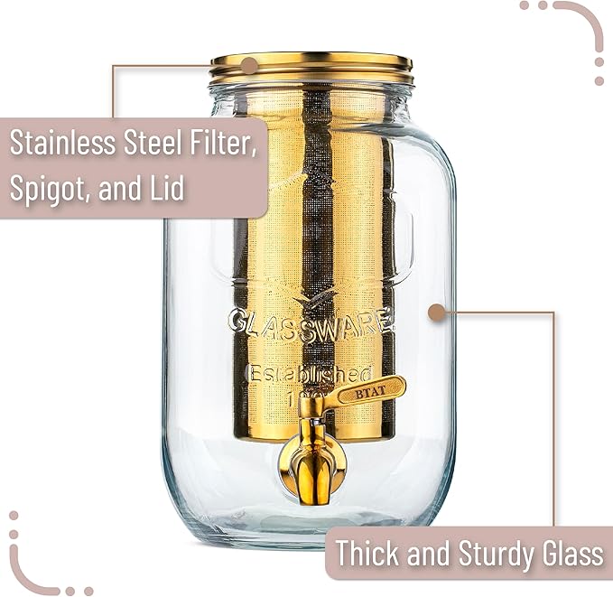 BTaT- 1 Gallon Cold Brew Coffee Maker Thick Glass Pitcher with Stainless Steel Filter Lid &amp Spigot Iced Coffee &amp Sun Tea Brewer Large Mason Jar Cold Brew Container Fast Iced Tea Maker for