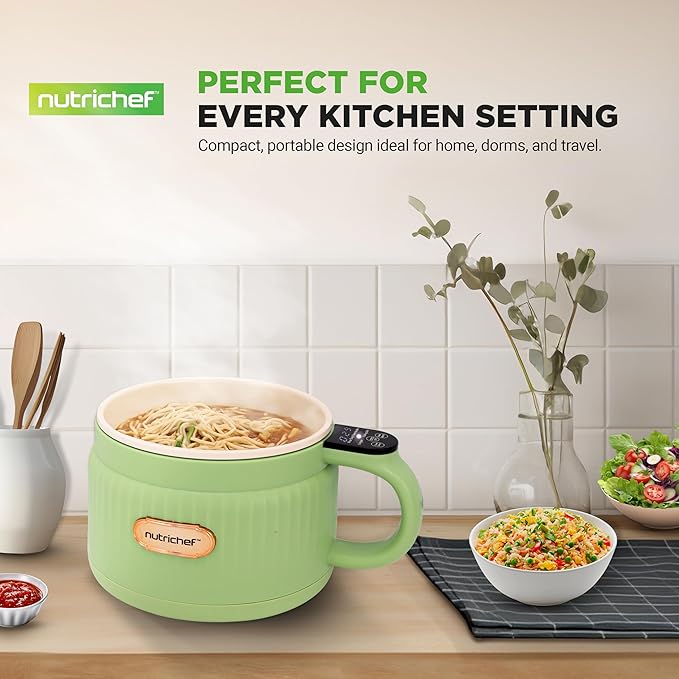 NutriChef 1.6 QT Portable Electric Rice Cooker &amp Lunch Maker | Multi-Functional &amp Non-Stick Ceramic Coating | Digital Control Panel | 6 Cook Functions: Rice Soup Stew Porridge &amp More |