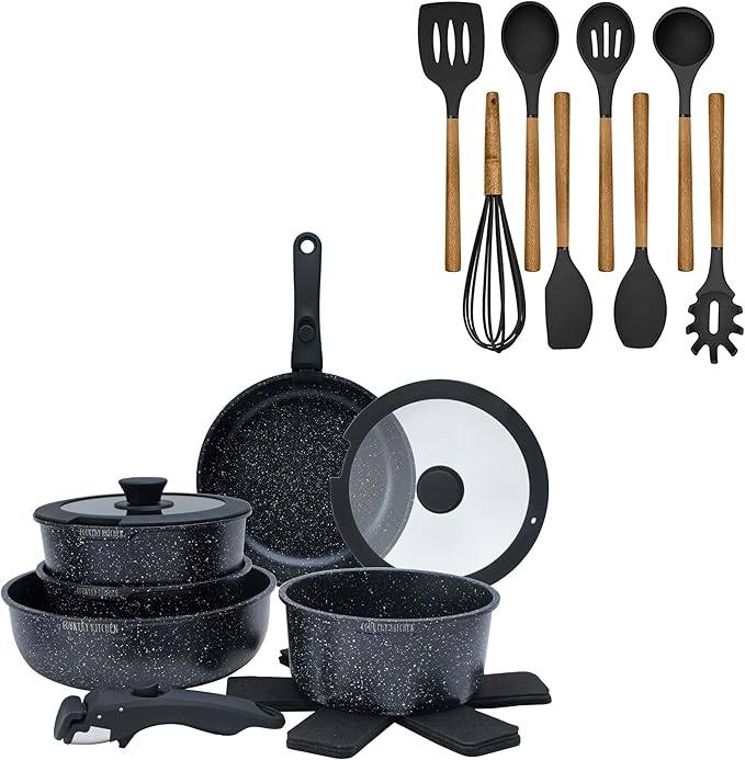 Country Kitchen Cookware Bundle- Cookware Set with Removable Hanldes and 8 Essential Kitchen Utensils for Cooking and Baking