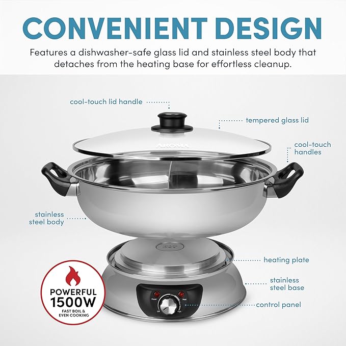 Aroma Housewares ASP-610 Dual-Sided Shabu Hot Pot 5Qt Stainless Steel Aroma Housewares 3 Uncooked/6 Cups Cooked Rice Cooker Steamer Multicooker 2-6 cups Black