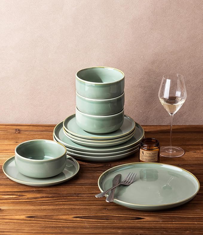 TheTerra Ceramic Dinnerware Sets for 4 12 Pieces Handmade Reactive Glaze Plates and Bowls Set Scratch Resistant Dish Set Oven &amp Microwave &amp Dishwasher Safe Eucalyptus