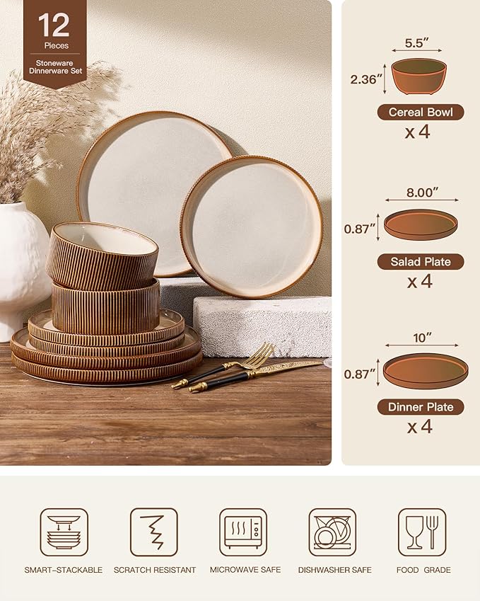 Stoneware Dinnerware Sets Handcrafted Double Reactive Glaze Plates and Bowls for Everyday &amp Formal Dining Microwave &amp Dishwasher Safe Scratch Resistant Dishes Service for 4 (12-Piece) Crea