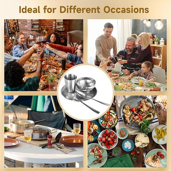 Reusable Metal Dinnerware Set (30 Pcs): 6 Place Settings For Home Outdoors Parties