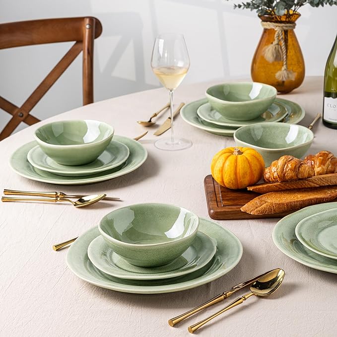 AmorArc Ceramic Dinnerware Sets Handmade Stoneware Reactive Glaze Plates and Bowls Set Scratch Resistant | Dishwasher &amp Microwave Safe Dishes Set Service for 4 (12pc)