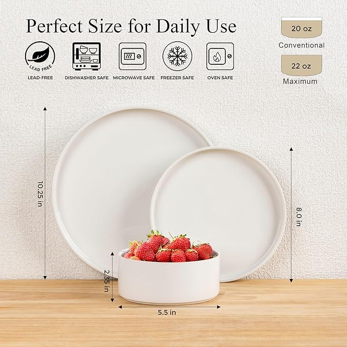 LERATIO Ceramic Dinnerware SetsHandcraft Embossed Stoneware Plates and Bowls SetsHighly Chip and Crack Resistant | Dishwasher &amp Microwave &amp Oven Safe Dishes setService for 4 (12pc)-White