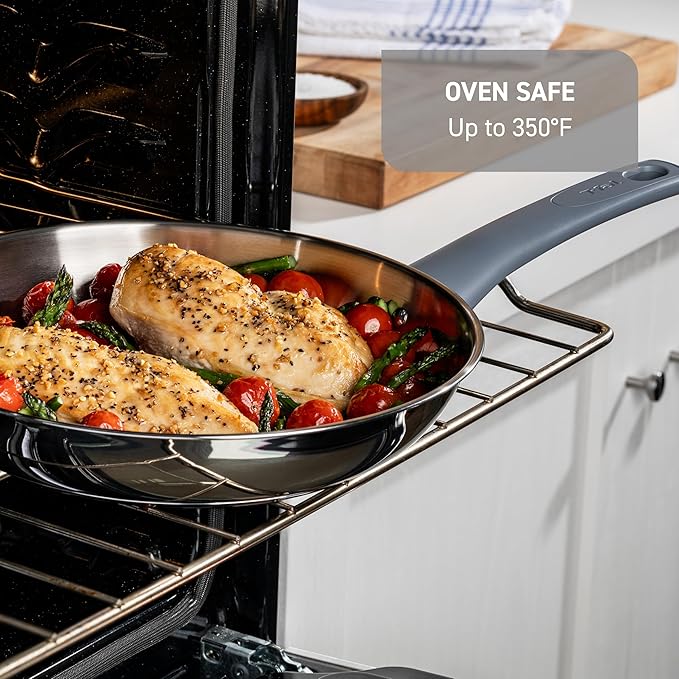 T-fal Essentials Stainless Steel Saute Pan with Lid 3.5 Quart Induction Compatible Oven Safe 350F Perfect For Sautéing Browning &amp Simmering Saucepan Measuring Marks Dishwasher Safe Silver/
