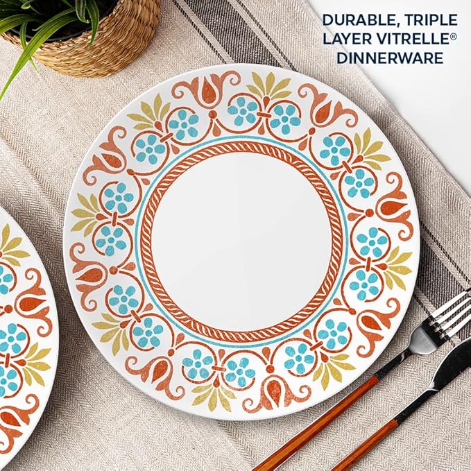 Corelle Vitrelle 10.25 Dinner Plates Set Triple Layer Glass and Chip Resistant Lightweight Round Plates 6-Piece Terracotta Dreams